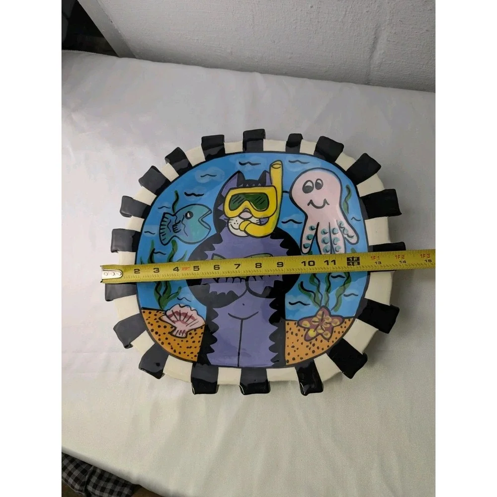 Jay and Toni Mann Pottery Cool Cat Diver Octopus Fish‎ Ceramic Plate